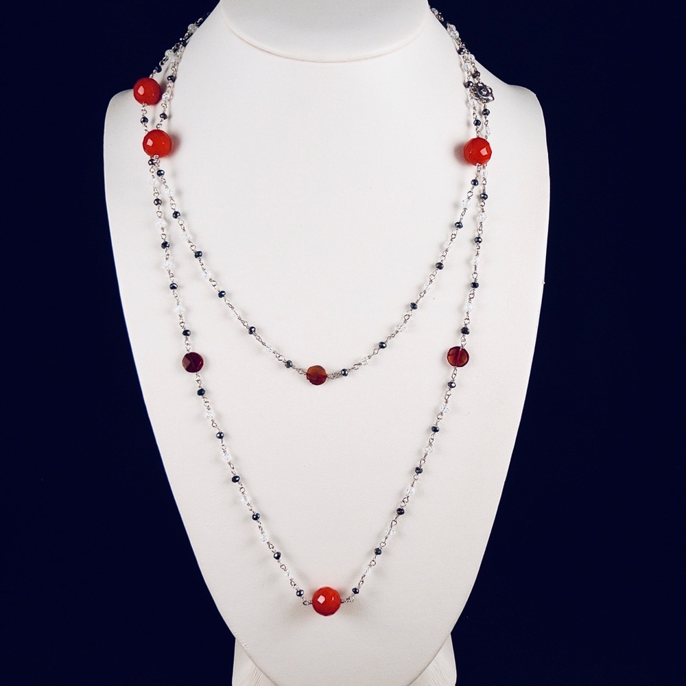 40” necklace with red, black and white stones